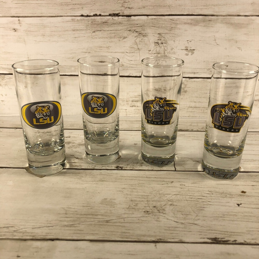 LSU Tigers Shot Glass Set of 4 Tall Clear Glass Collegiate Barware New